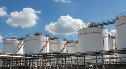 Industrial White Storage Tanks Refinery Petroleum Chemical Plant Oil Gas Energy Sky Clouds
