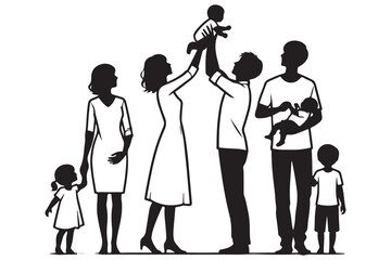 Silhouette of Large Extended Family Raising Baby Celebration and Unity