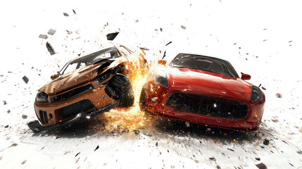 High-Speed Car Crash Collision Between Red and Yellow Sports Cars with Explosive Impact and Debris – Isolated on White Background