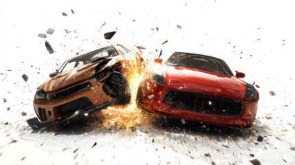 High-Speed Car Crash Collision Between Red and Yellow Sports Cars with Explosive Impact and Debris – Isolated on White Background