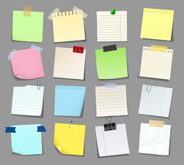 Note sticker paper, notice memo post with tape, reminder message. Notepad memory notice sticky sheets. Realistic 3d vector set of blanks, notepaper, office meeting information board or schedule