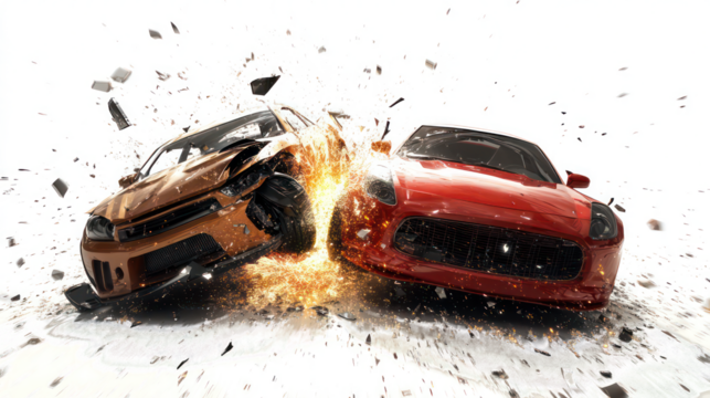 High-Speed Car Crash Collision Between Red and Yellow Sports Cars with Explosive Impact and Debris – Isolated on White Background