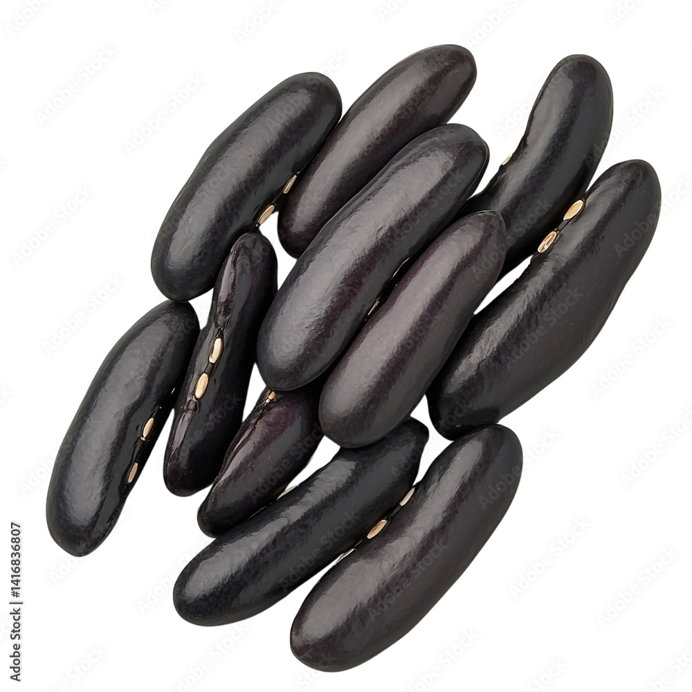 Poster black jacob's cattle beans clustered together showcasing their smooth, shiny texture and oval shape.