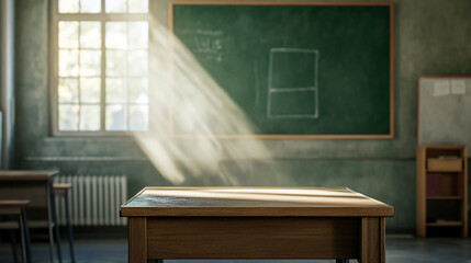 Front view of clean wooden teacher desk in empty classroom. Blackboard in background. Natural light through window.