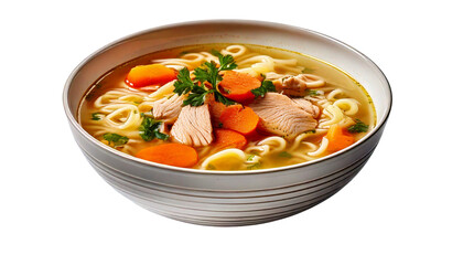 Chicken noodle soup with vegetables in a bowl Isolated on solid white Background Png.
