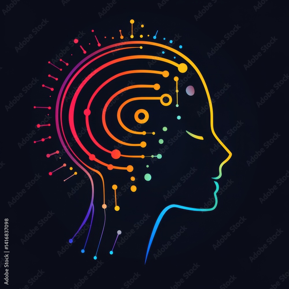 Poster stylized profile of a person's head with neural network design representing artificial intelligence