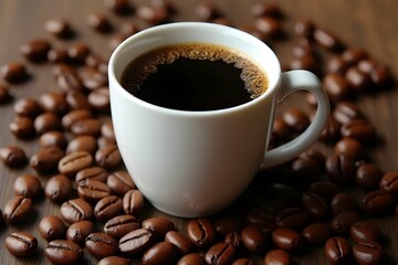 Obraz premium Cup of coffee placed on a surface surrounded by roasted coffee beans. Themes coffee, breakfast, relaxation, or morning rituals. Ideal for use in advertising, blogs, menus, or lifestyle content