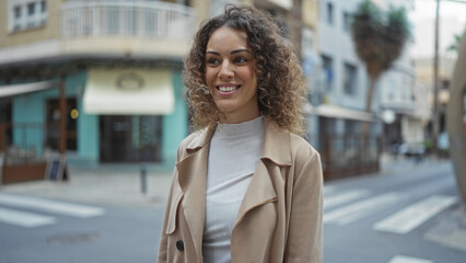 Obraz premium Woman smiling on urban street with curly hair and beige coat, showcasing hispanic beauty in outdoor city setting with modern architecture and vibrant atmosphere.