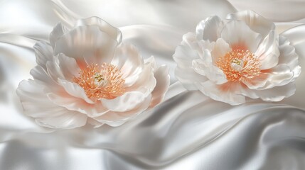 Two delicate white flowers with orange centers on a silky background