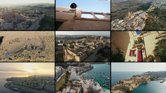 Malta Travel Landmarks in One Visual captured in a cinematic collage of Maltas architecture, coastlines and heritage. A dynamic visual journey through iconic landscapes and cities.