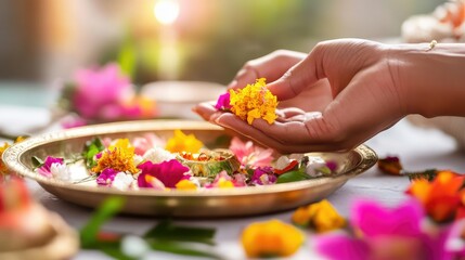 Hands arranging flowers on a brass puja thali in preparation for Diwali rituals. Devotional act.