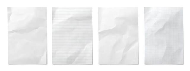 Crumbled folded wrinkle paper sheets. Set of realistic 3d vector blank, lined and graph paper types feature natural wrinkles and folds. Templates for design mockups, stationery presentation, scrapbook