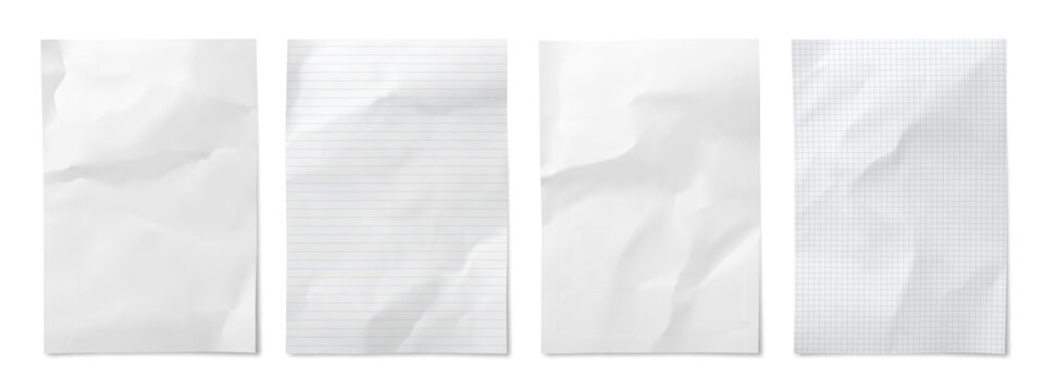Crumbled folded wrinkle paper sheets. Set of realistic 3d vector blank, lined and graph paper types feature natural wrinkles and folds. Templates for design mockups, stationery presentation, scrapbook