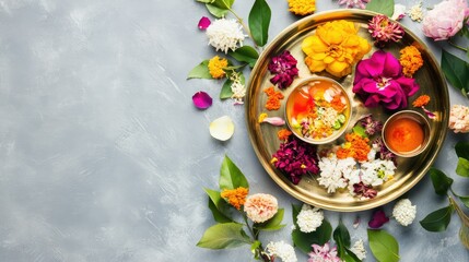Overhead view of a beautifully decorated brass puja thali with various flowers. Festive presentation.