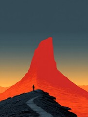 A figure stands on a hilltop, with an enormous, towering, red geographical feature.