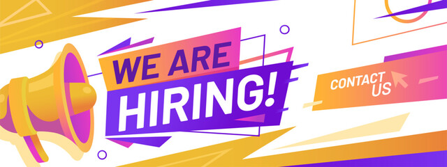 Hire offer we are hiring join to our team banner with megaphone. Vector announcement for job advertisements, recruitment promotions, or social media hiring campaigns to attract potential candidates