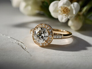 A wedding ring with a sparkling diamond.