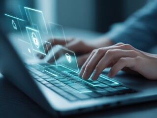 Cybersecurity concept with hands typing on a laptop, illuminated by glowing digital shield icons and data streams