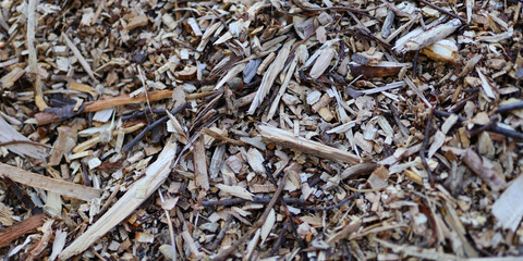 A pile of wood chips is scattered on the ground. The wood chips are brown and have a rough texture. Concept of natural decay and decomposition, as the wood chips are left to rot