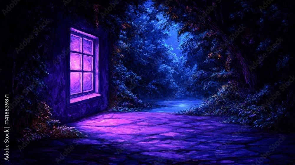 Poster ethereal glow emanating from window illuminating a secluded space with lush dark vegetation creating