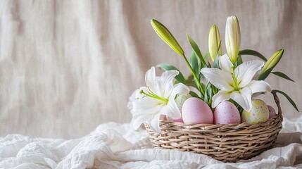 Obraz premium Elegant white Easter lilies and pastel colored eggs in a rustic woven basket with a blurred background and delicate linen texture