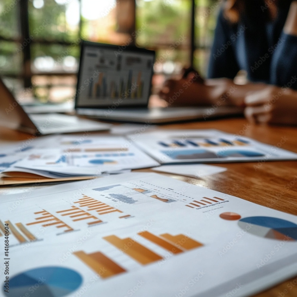 Poster financial business analytics data charts graphs report documents bar pie line work team desk table