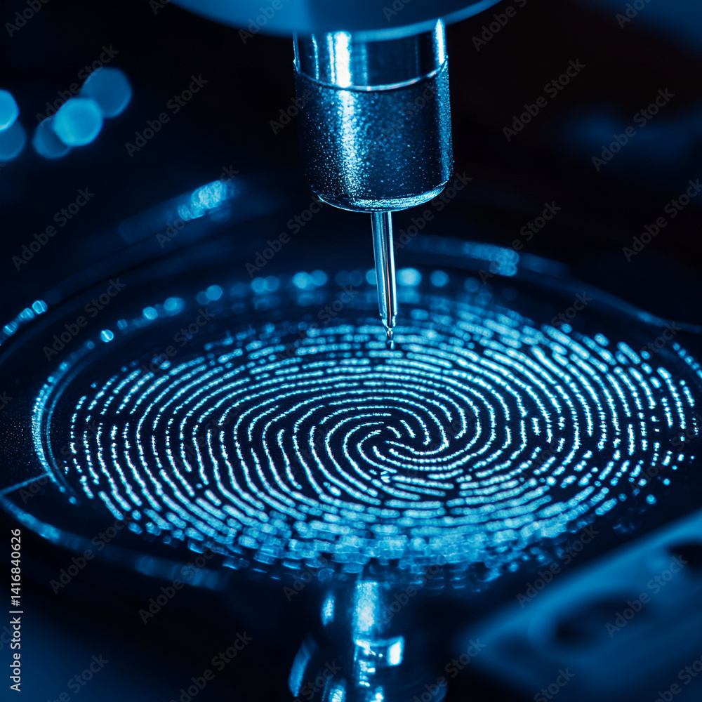 Poster analyzing fingerprints biometric scanner closeup technology lab macro view biometric identification