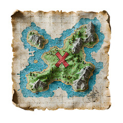 Png of A vintage treasure map depicting an island with marked X spot, surrounded by mountains and water.