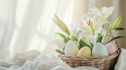 Obraz premium Elegant white Easter lilies and pastel colored eggs in a rustic woven basket with a blurred background and delicate linen texture