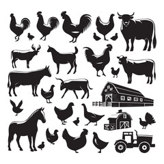 Farm Animal Silhouettes Collection – Livestock, Poultry, Tractor, and Rural Elements Vector Set on white background