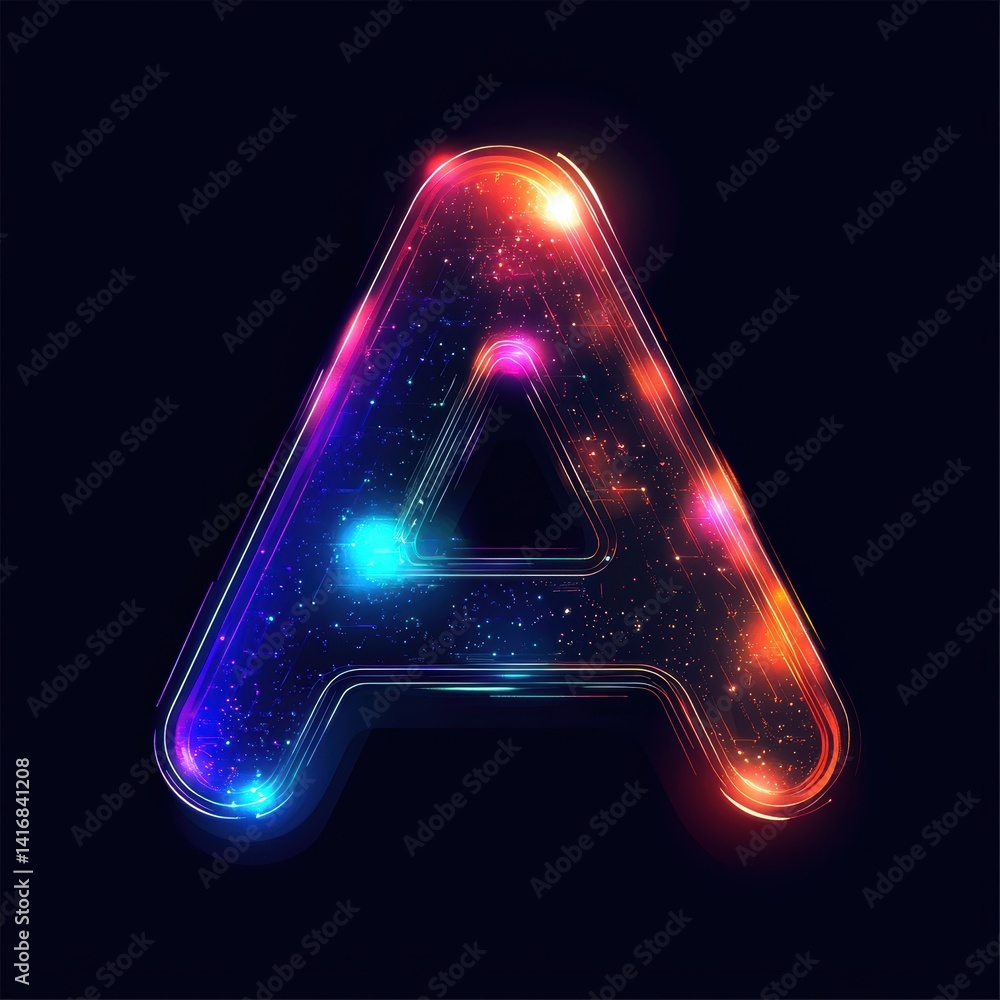 Poster glowing letter a on dark background with colorful light streaks and particle effects for technology 