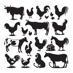 Farm Animal Silhouettes Collection – Livestock, Poultry, Tractor, and Rural Elements Vector Set on white background