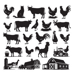 Farm Animal Silhouettes Collection – Livestock, Poultry, Tractor, and Rural Elements Vector Set on white background