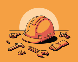 2d vector colorful poster for labor day , work industry equipment , worker , safety .
