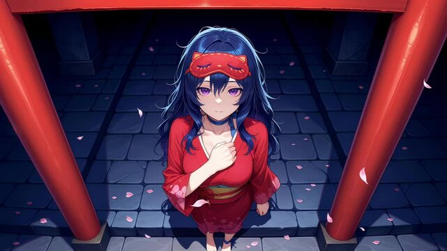 Cute anime girl in kimono with torii gate in the background, anime wallpaper