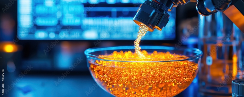 Poster automated liquid dispensing system precise orange fluid transfer in laboratory setting