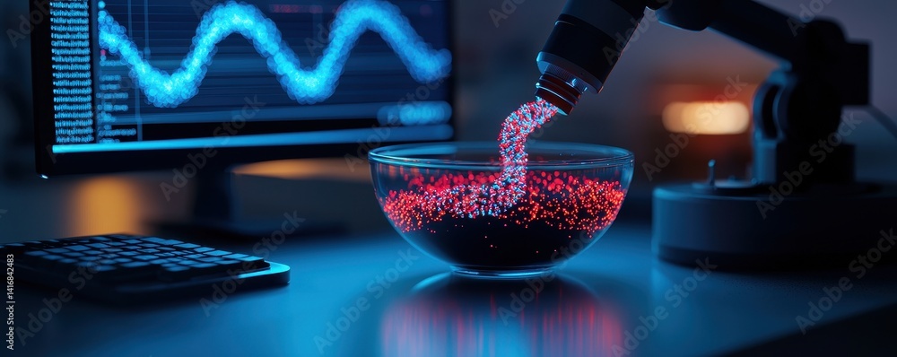 Poster futuristic data transfer robotic arm pouring illuminated data points into glass bowl near computer