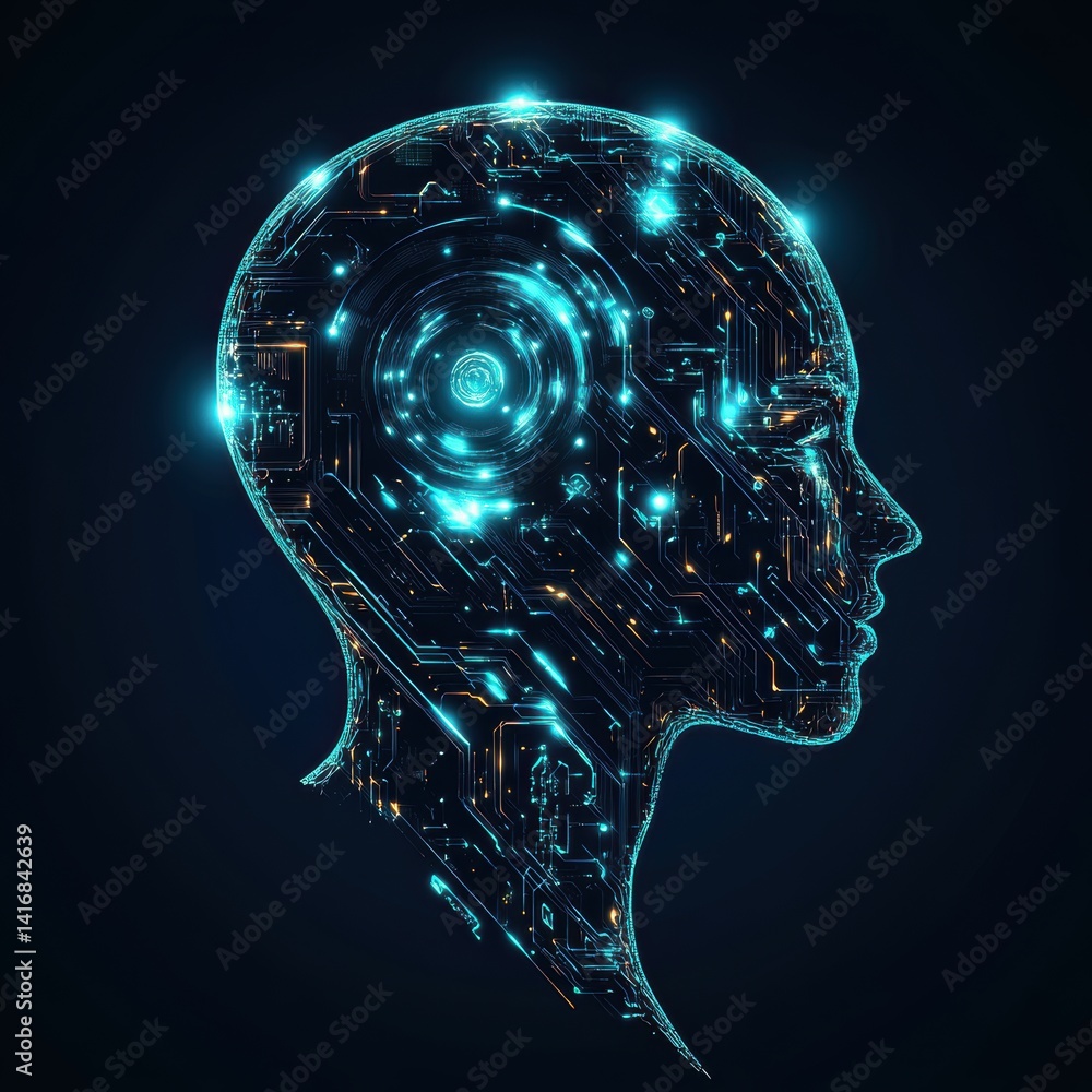 Poster abstract artificial intelligence head: futuristic circuit board design on dark background