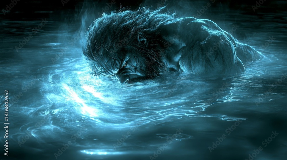 Poster mysterious aquatic presence with spectral undertones creating ripples in a liquid atmosphere evoking