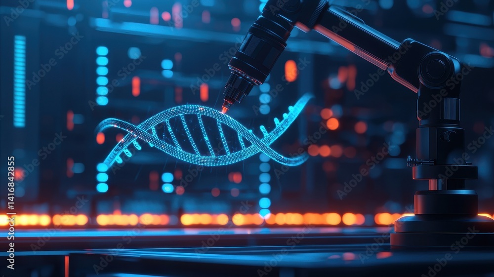 Aufkleber futuristic robotic arm manipulating dna strand in a high tech lab setting