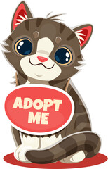 Adopt me icon of cat kitten pet with big eyes on sad muzzle, vector cartoon sign. Adopt a cat badge with cute cheerful kitten cat for pets adoption banner or homeless animals shelter poster