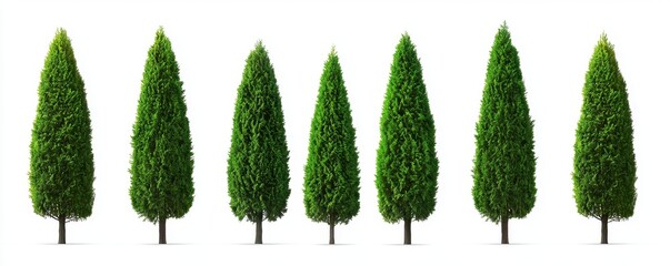 Seven Lush Green Conical Cypress Trees Isolated on White Background Perfect for Landscaping Design