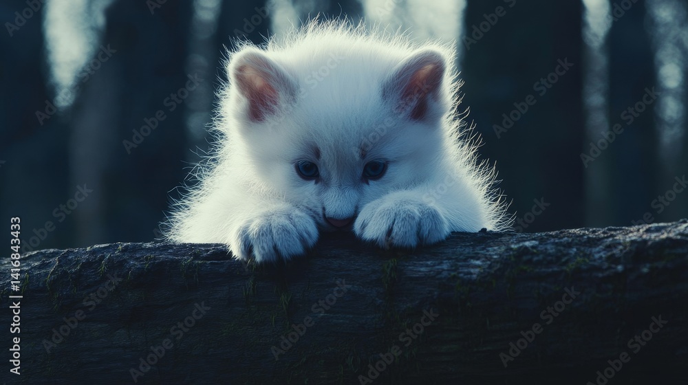 Poster enchanting allure of a curious white kitten in a mysterious forest landscape portrait creating a mag
