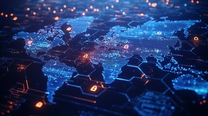 Naklejka premium Digital World Map with Cybersecurity Icons, Digital world map with cybersecurity icons, glowing blue and orange