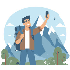 Obraz premium Happy traveler taking a selfie in the mountains with a backpack, adventure background
