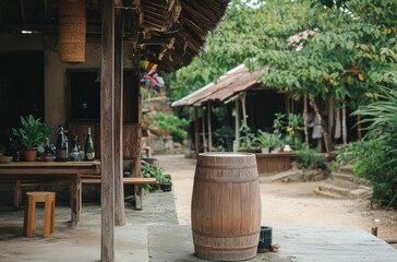 A beautiful wooden water dispenser placed outside