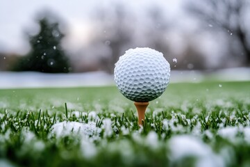 Snowy golf course scenery with a ball placed on a tee in the green grass, slightly covered with the fresh, white winter snow.