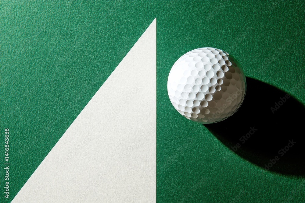 Poster golf ball rests near white triangle on green surface, casting a shadow. minimalist composition focus