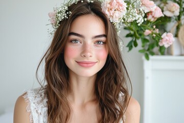 Spring makeup tutorial featuring pastel greens floral accents indoor setting bright natural light fresh and radiant look for a vibrant spring aesthetic