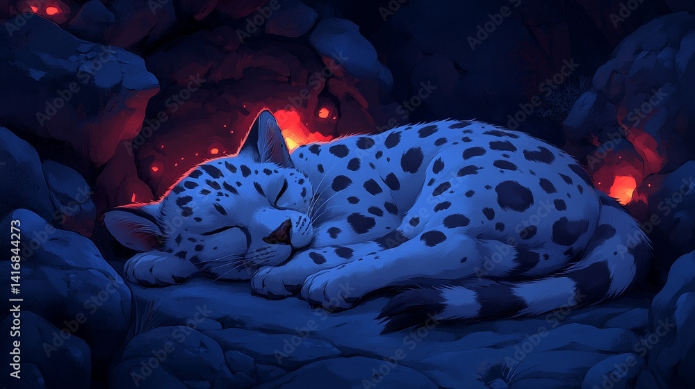 Aufkleber pixelated leopard dreams near glowing embers abstract digital art with tranquil sleeping feline in c